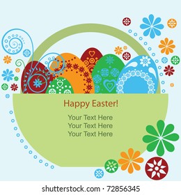 Easter card template - basket with eggs and flowers