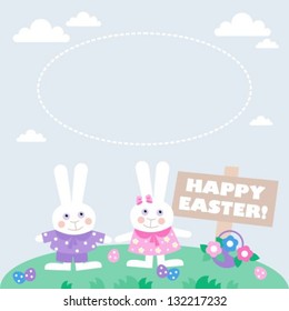 easter card template - bunnies, basket with colored eggs and flowers