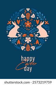 Easter card template with circle composition of rabbits, leaves, spring flowers, snowdrops, berries, hearts. Greeting banner to Happy Easter Day. Vector decorative illustration with botanical elements