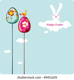 Easter card template - cloud shape bunny with colored eggs