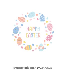 Easter card template with colored eggs in round shape isolated  on white background with text. Festive background for Easter in vector. Design for your greeting cards, banners, flyers.
