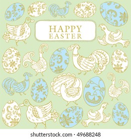 Easter card template with colored eggs, flowers and a birds