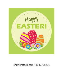 Una plantilla de tarjeta de Pascua con coloridos huevos de Pascua, flores y hojas verdes, fondo verde