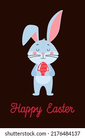 Easter card template with a cute rabbit, the symbol of the year 2023 in the Chinese calendar. Handwritten text of "happy Easter". Vector stock illustration.