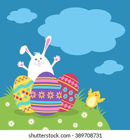 Easter card template with decorated eggs and bunny on meadow and clouds background