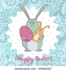 Easter card template design. Cute bunny with Easter egg. Hand drawn vector background. 