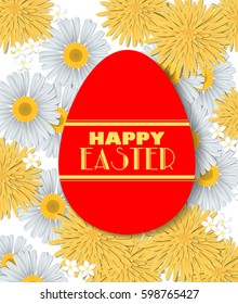 Easter card template design. Paper label in shape of egg with lettering on floral background 