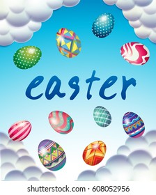 Easter card template with eggs in blue sky illustration