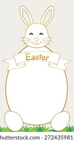 Easter card template featuring a minimalist white and gold rabbit integrated with a large egg-shaped frame. The design showcases a happy bunny face with golden outlines, a "Easter" banner ribbon, and fresh green grass at the bottom.