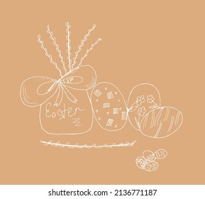 plantilla de tarjeta de Pascua. conjunto de vector dibujado a mano de pollo de Pascua decorado con huevos de codorniz y flores en un jarrón. Ilustración vectorial al estilo de los garabatos