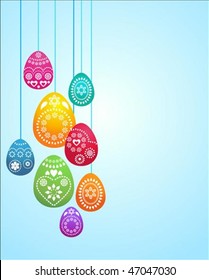 Easter card template with hanging colored eggs