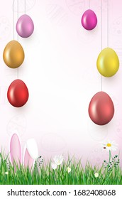 Easter card template with hanging eggs, grass, flowers, bunny ears and copy space for your text. Vector illustration.