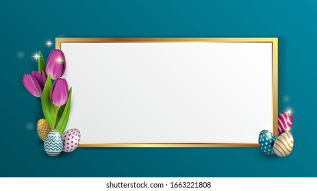 Easter card, template or layout for text, blue background, with a golden frame and a bouquet of tulip flowers, hand-painted eggs with geometric ornament, polka dot, wave, pattern