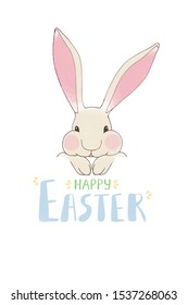 Easter card template with rabbit and lettering. Cute greetings in pastel colors on white background