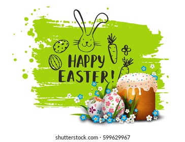 Easter Card. Template with realistic colorful eggs, flowers and cake. Folk paints. Vector green background. Handwriting inscription and bunny. Lettering, calligraphy. 3D.