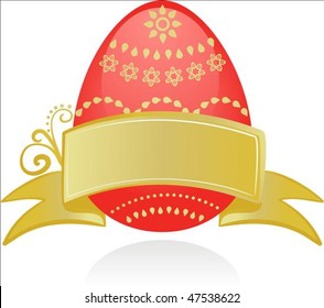 Easter card template red egg and golden ribbon