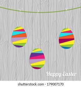 easter card template with striped paper eggs on the wood wall vector background