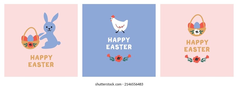 Easter card templates. Easter bunny, chicken, basket with eggs,. Vector flat illustration