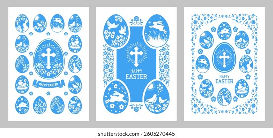 Easter card templates in vintage victorian classic elegant art nouveau design style. Easter eggs with various drawings. For banner, poster, greeting cards, postcards print etc. Vector illustration 