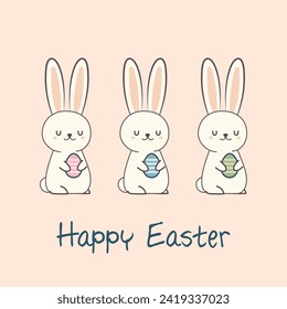 Easter card with three Easter bunnies holding colorful Easter eggs. The inscription on the card is Happy Easter