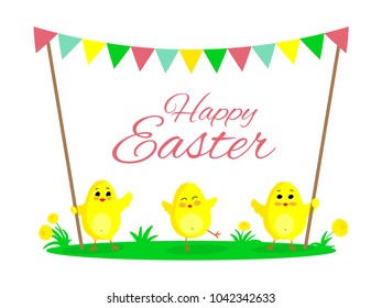 Easter card with three little chicken playing with a garland