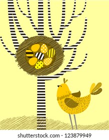 Easter Card with tree, eggs and a bird