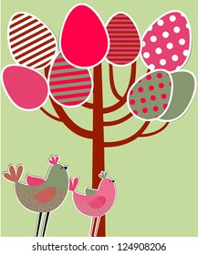 Easter Card with tree, eggs and birds