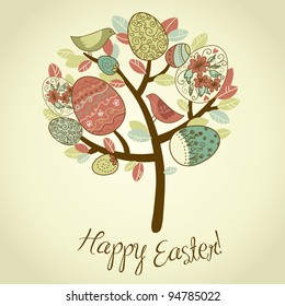 Easter Card with tree, eggs and birds