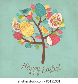Easter Card with tree, eggs and birds