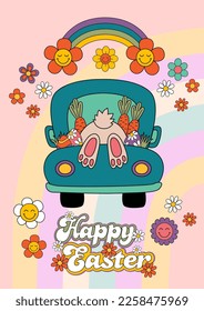 easter card with truck, groovy rabbit, rainbow