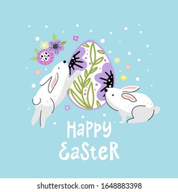 Easter card with two easter bunnies and an egg decorated with flowers and text happy easter. Vector illustration.