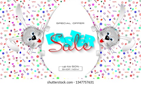 Easter card with two bunny rabbits and paper egg on festive background. Easrer sales banner. 3D Vector illustration. 