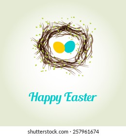 Easter card with two cute birds egg in the nest