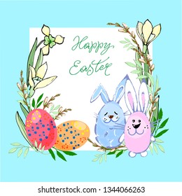 Easter card with two hares and Easter eggs Decorative ornament doodle with spring flowers Handwritten inscriptions. Isolated on blue background Vector illustration