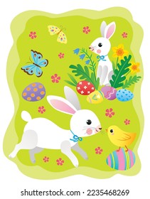 Easter card with two rabbits, chiken, eggs and flowers
