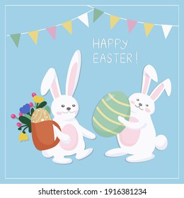 Easter card with two rabbits. Cute bunnies give each other holiday gifts in the form of colored eggs. Colorful egg shells. Symbols of the Great Easter holiday. Vector illustration.