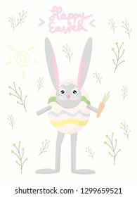 Easter card vector with easter bunny in egg costume and with carrot in hand