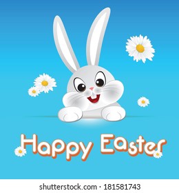 Easter card, vector bunny looking out a blue background with dandelion