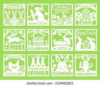 Easter card vector collection with bunny,flowers,egg,chicken. For paper or laser cutting and sublimation. Happy Easter phrase. Cute characters with spring symbols. Holiday papercut template.