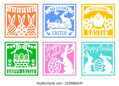 Easter card vector collection with bunny,flowers,egg,chicken,truck. For paper or laser cutting and sublimation. Happy Easter phrase. Cute characters with spring symbols. Holiday papercut template.