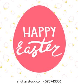 Easter card vector with hand drawn inscription Happy Easter and colored egg on seamless flower pattern