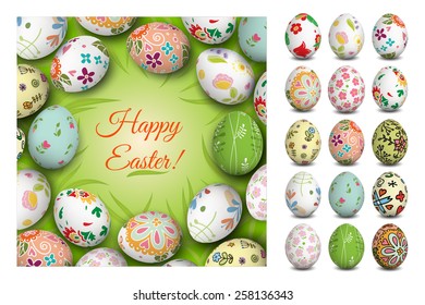 Easter card. Vector. Holiday background. Set of Isolated realistic eggs. 