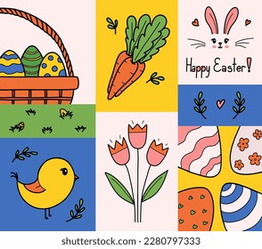 Easter card vector illustration. Cute Easter doodles with eggs, bunny, bird, spring flowers and carrots. Holiday icons, covers, posters, banners, greeting card.