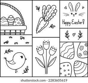Easter card vector illustration. Cute Easter doodles with eggs, bunny, bird, spring flowers and carrots. Holiday icons, covers, posters, banners, greeting card.