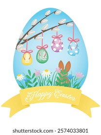 Easter card. Vector illustration with Easter eggs, Easter bunny, pussy willow branches and Happy Easter lettering.