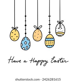 Easter card vector illustration. Happy Easter greeting card with colorful eggs