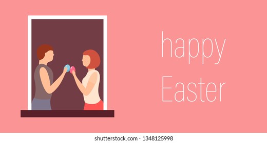 Easter card, vector illustration. man and girl outside the window celebrate a holiday with colored eggs.