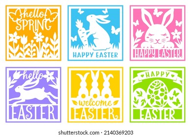 Easter card vector set with bunny,flowers,egg. For paper or laser cutting and sublimation. Happy Easter phrase. Cute characters with spring symbols. Holiday papercut templates.