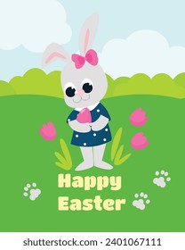 Easter card. A very cute girl rabbit stands near flowers and holds a colored egg in her hands. Cartoon style characters isolated on white background for Happy Easter greeting cards.