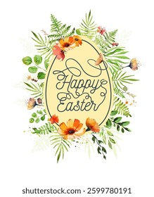 Easter card with watercolor green leaves and flowers. hand drawn. Not AI, Vector illustration.